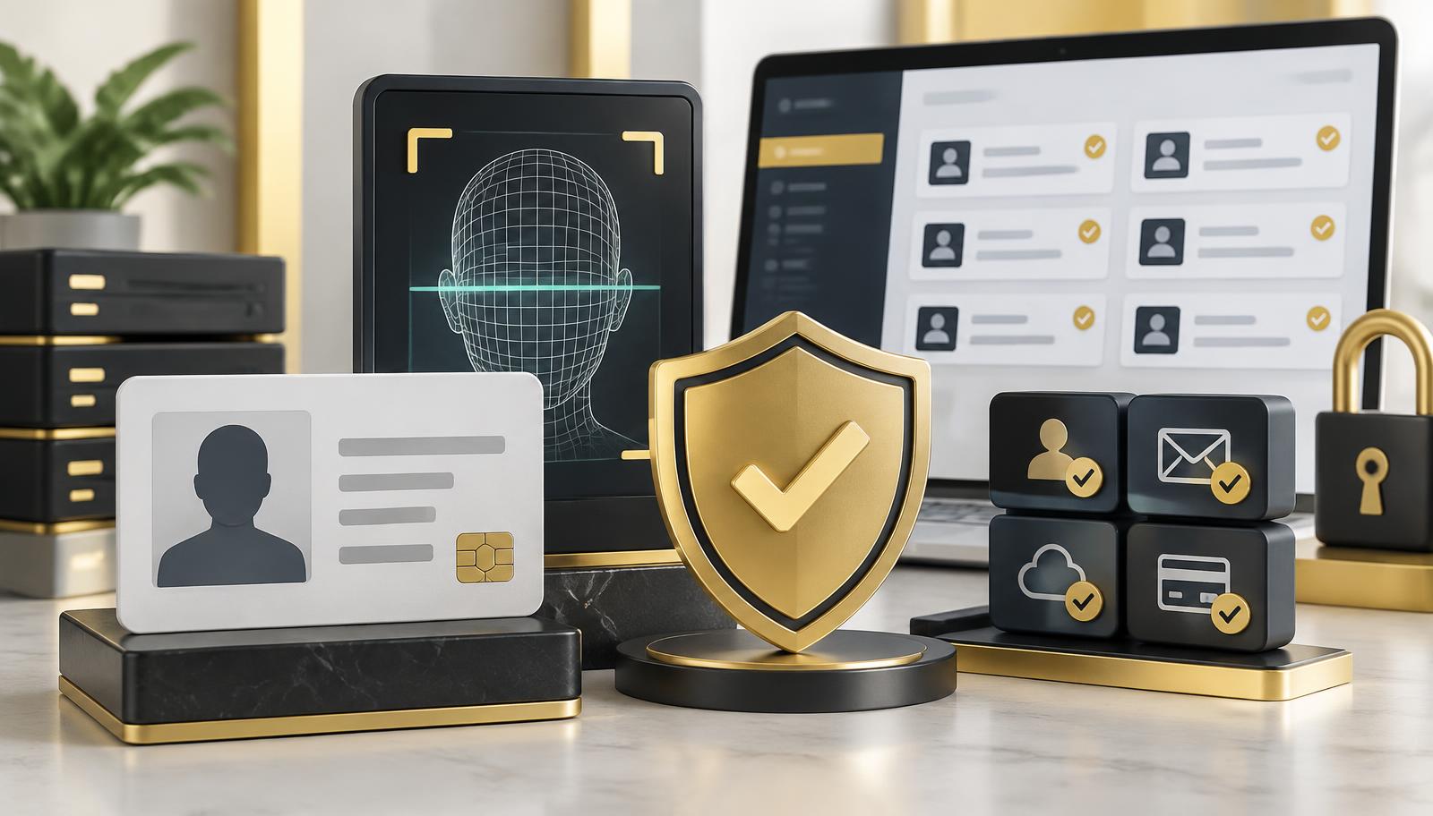 3D identity card, face scan and security shield illustrating full KYC verification